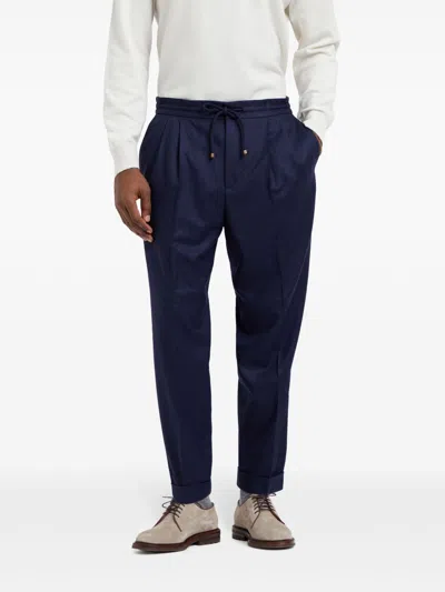 Brunello Cucinelli Virgin Wool Drawstring Leisure Trousers In Blue