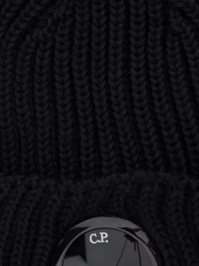 C.p. Company Black Knit Beanie With Logo Plaque On The Front In Wool Man In Black