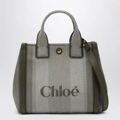 Chloé Carry Small Tote Bag In Dark Green Striped Canvas