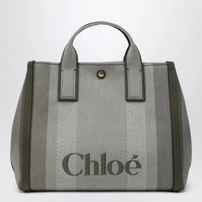 Chloé Carry Small Tote Bag In Dark Green Striped Canvas