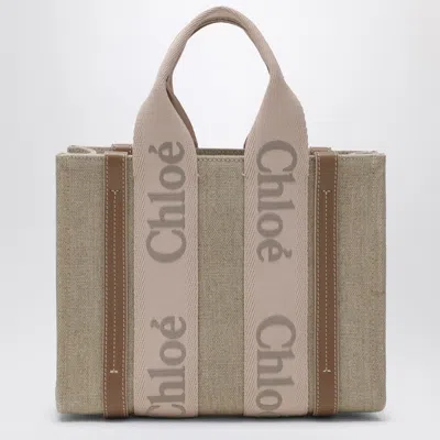 Chloé Small Woody Linen Tote Bag In Gray