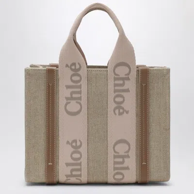 Chloé Small Woody Linen Tote Bag In Gray