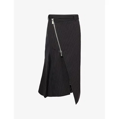 Sacai Womens Black Stripe-pattern Belted Wool-blend Midi Skirt Xl In Black