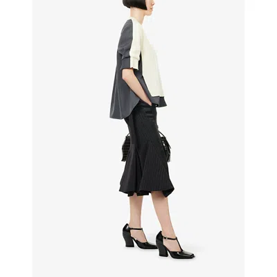 Sacai Womens Black Stripe-pattern Belted Wool-blend Midi Skirt Xl In Black