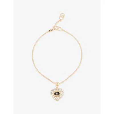 Valentino Womens Oro Nero Crystal Coeur Royal Metal And Swarovski Crystal Bracelet In Gold