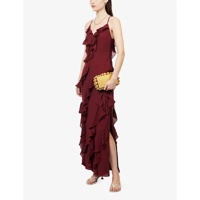 Pretty Lavish Womens Wine Elle Ruffled Bow Woven Maxi Dress In Burgundy