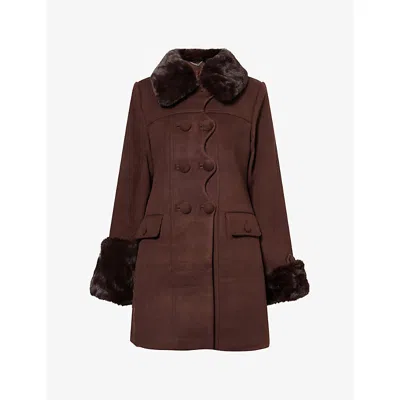 House Of Sunny The Dolly Mid Length Overcoat With Button Detail And Fur Trim In Burgundy