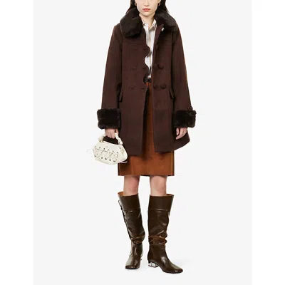 House Of Sunny The Dolly Mid Length Overcoat With Button Detail And Fur Trim In Burgundy