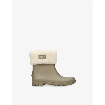 Chloé Taupe Comb Logo-patch Faux-shearling And Rubber Boots&nbsp; Eur 34 / 2 Uk In Brown
