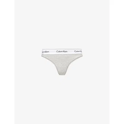 Calvin Klein Womens Grey Heather Icon Modal Cotton-blend Thong Xl In White