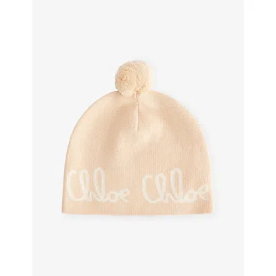 Chloé Stone Kids' Pom-pom Cotton And Wool Beanie In Neutral
