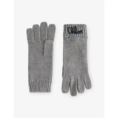 Chloé Heather Grey Kids' Brand-embroidery Cotton And Wool Gloves In Gray