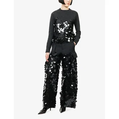 Sacai Womens C Gray Black Sequin-embellished Wide-leg Wool Trousers In Black