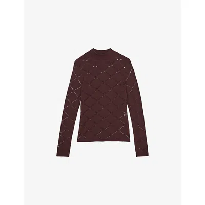 Reiss Womens Burgundy Seren Laser-cut Stretch-knit Top In Burgundy