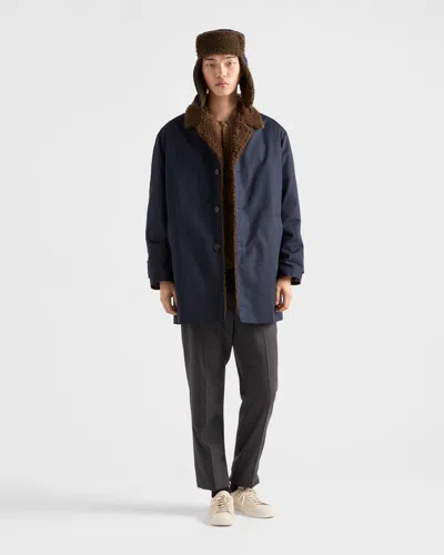 Prada Notch-lapel Shearling-collar Coat In Blue