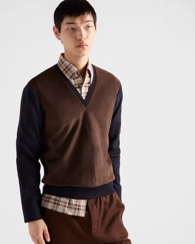 Prada Superfine Wool And Suede Sweater In Blue
