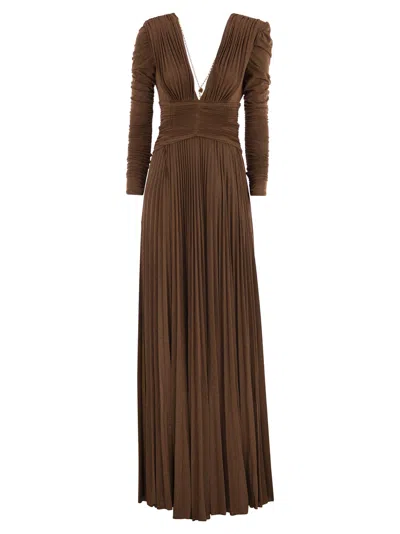 Elisabetta Franchi Red Carpet Lurex Jersey Dress With Necklace In Brown