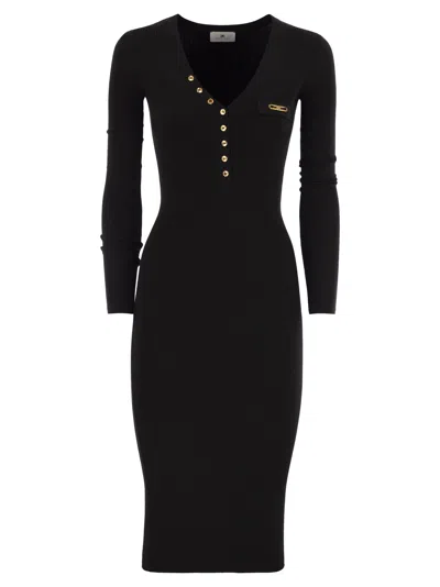Elisabetta Franchi Black V-neck Dress With Logo Plaque On The Front In Fabric Woman In Black