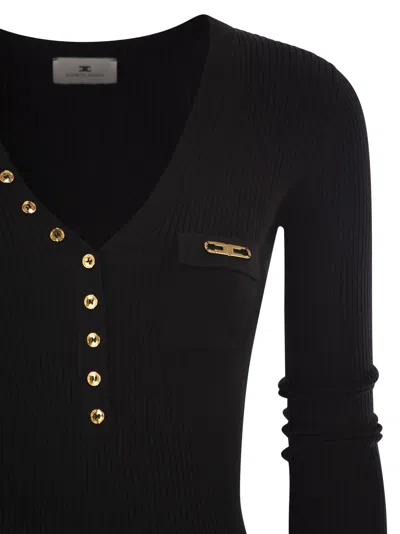 Elisabetta Franchi Black V-neck Dress With Logo Plaque On The Front In Fabric Woman In Black