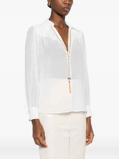 Elisabetta Franchi Chic Long Sleeve Sheer Top With Chain In White