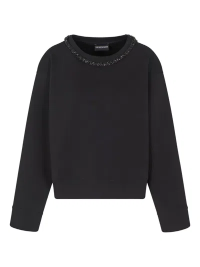 Emporio Armani Women Black Cotton Crewneck Sweatshirt, Xs Luxury Sweatshirts & Hoodies For Women Darveys In Black