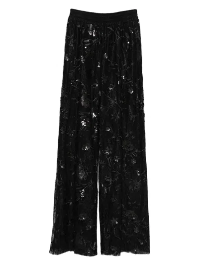 Ermanno Firenze Sheer Black Trousers With Intricate Floral Embroidery In Black