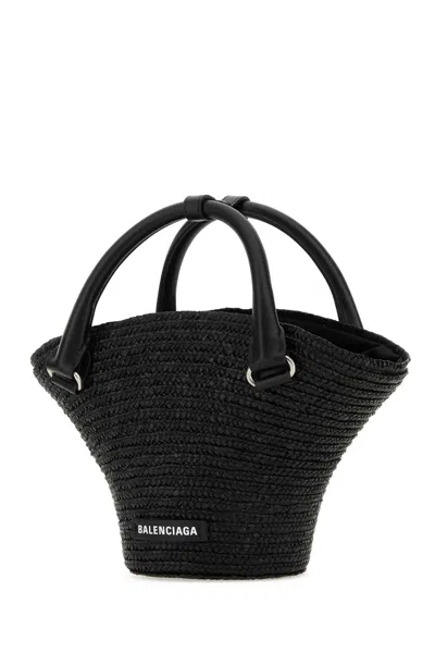 Balenciaga Black Straw Mini Beach Handbag In 1060