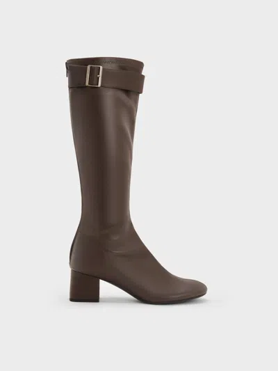 Charles & Keith - Gerry Buckled Block-heel Knee-high Boots In Brown