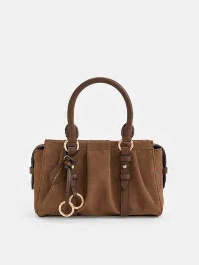 Charles & Keith - Britton Recycled Suede Ruched Top Handle Tote Bag In Brown