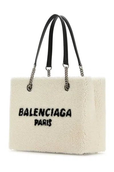 Balenciaga Rectangular Shearling Handbag With Metal Chain Handles In Neutral