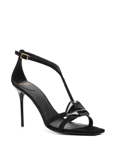 Balmain Black Leather Stiletto Heel Sandals In Black