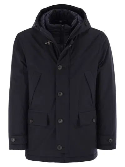 Fay Navy Hooded Coat With Button And Zipper Closure In Blue