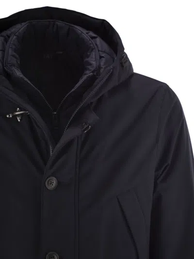 Fay Navy Hooded Coat With Button And Zipper Closure In Blue