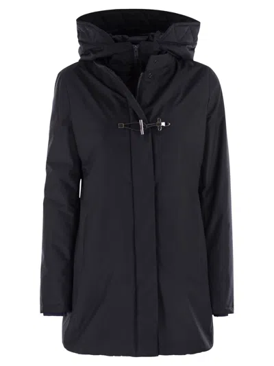 Fay Hooded Black Jacket With Quilted Detailing And Toggle Closure In Blue