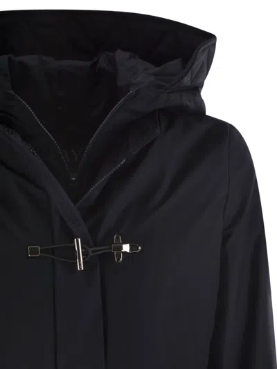 Fay Hooded Black Jacket With Quilted Detailing And Toggle Closure In Blue