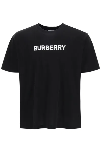 Burberry Men Black Crewneck T-shirt With Logo Lettering On The Front In Cotton Man In Black