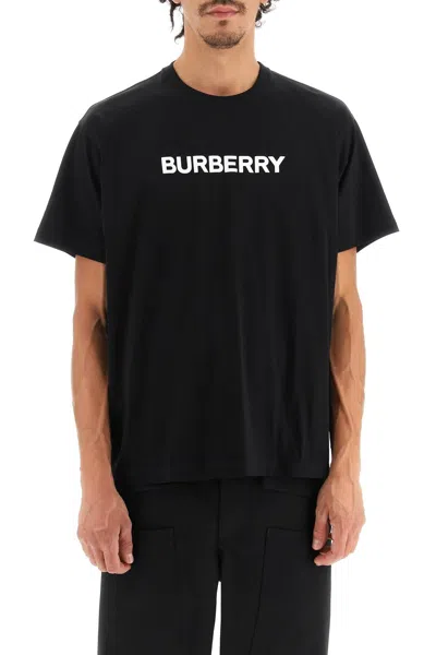 Burberry Men Black Crewneck T-shirt With Logo Lettering On The Front In Cotton Man In Black