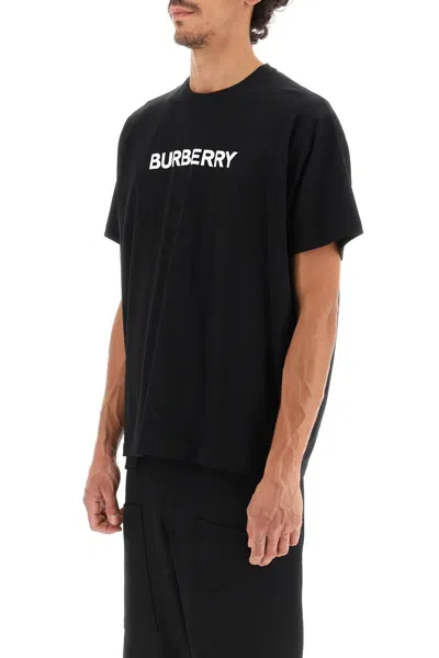 Burberry Men Black Crewneck T-shirt With Logo Lettering On The Front In Cotton Man In Black