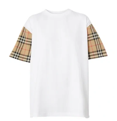 Burberry Women White T-shirt With Vintage Check Motif On The Sleeves In Cotton Woman