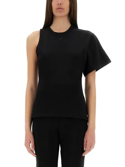 Courrèges Courregès Oneshoulder Tshirt In Scuba In Black