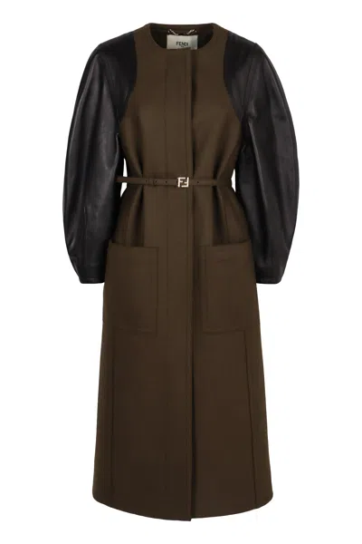 Fendi Green Wool Midi Coat With Leather Sleeves In Multi