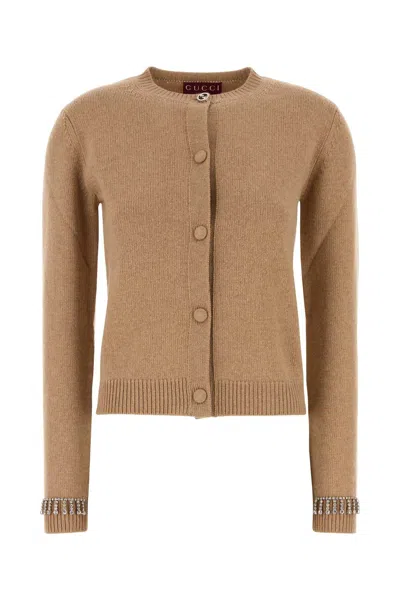 Gucci Camel Wool Blend Cardigan In Brown
