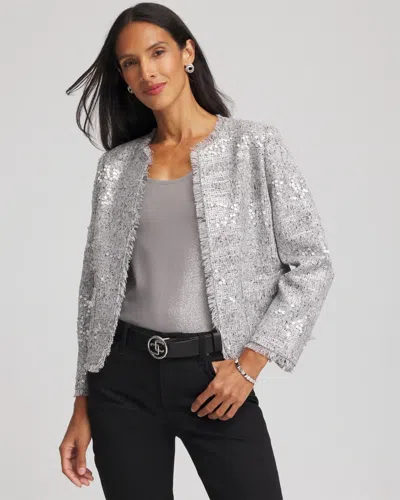 Chico's Silver Sequins Tweed Jacket In Metallic In Silver