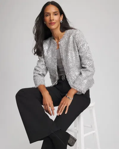 Chico's Silver Sequins Tweed Jacket In Metallic In Silver