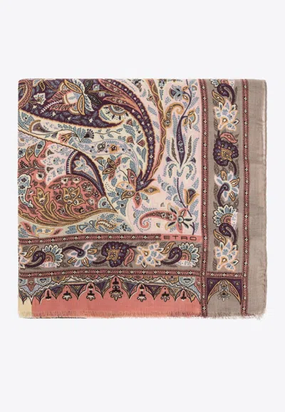 Etro Floral Print Wool And Silk Scarf In Brown