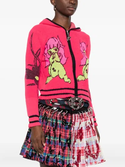 Chopova Lowena My Name Is Tiny Jacquard Hooded Zip Cardigan In Red