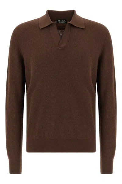 Zegna Cashmere Jacquard Long Sleeve Polo In Brown