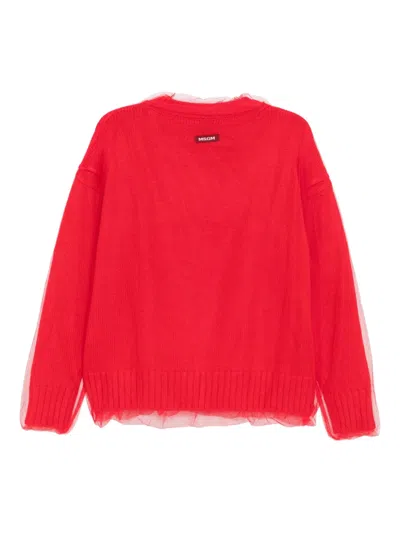 Msgm Sheer Overlay Long Sleeve Knit Crew Neck In Red