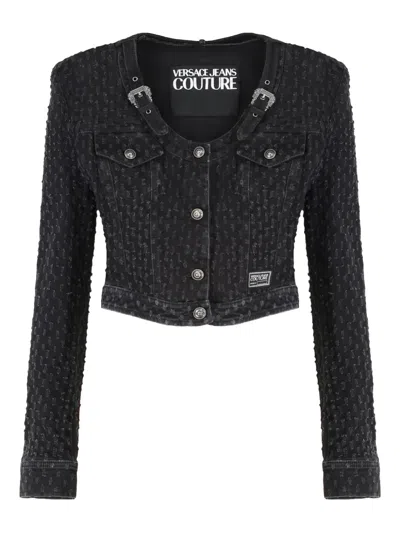 Versace Jeans Couture Long Sleeve Denim Jacket Featuring Pockets In Black