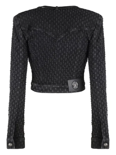Versace Jeans Couture Long Sleeve Denim Jacket Featuring Pockets In Black